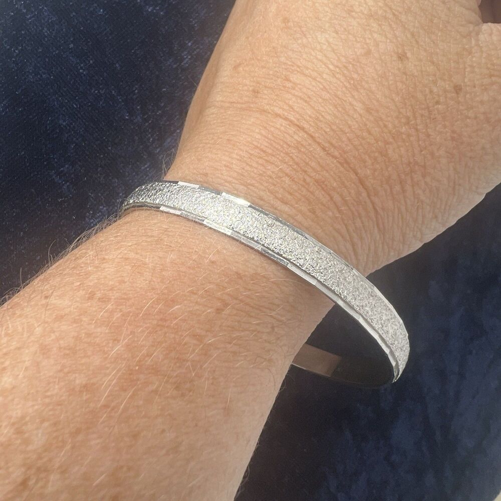 Vintage Monet Silver Tone Round Bangle Bracelet, Diamond Dust Etched, Signed